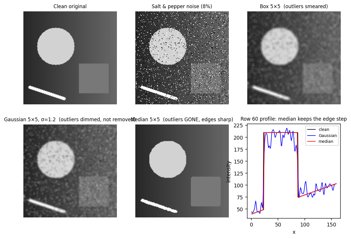Box vs Gaussian vs median on salt-and-pepper noise